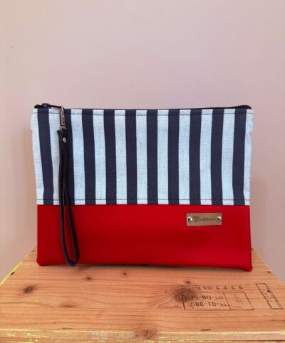 Portatutto Maxi_"RIGHE BLU" + pelle sintetica ROSSA