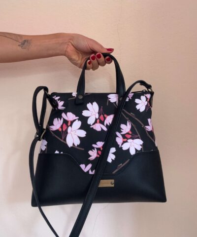 UKULELE Borsa_ Tessuto "Fiori di ciliegio" + pelle sintetica NERO