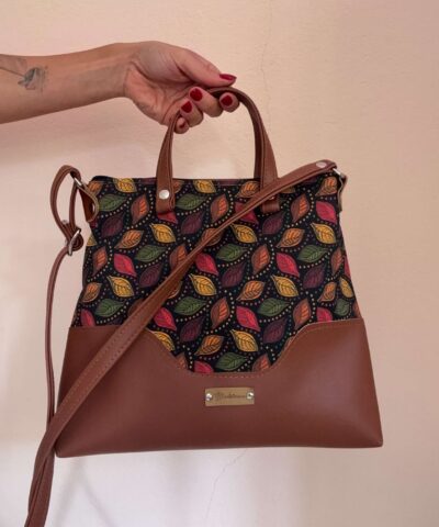 UKULELE Borsa_ Tessuto "Fogliette" + pelle sintetica CUOIO